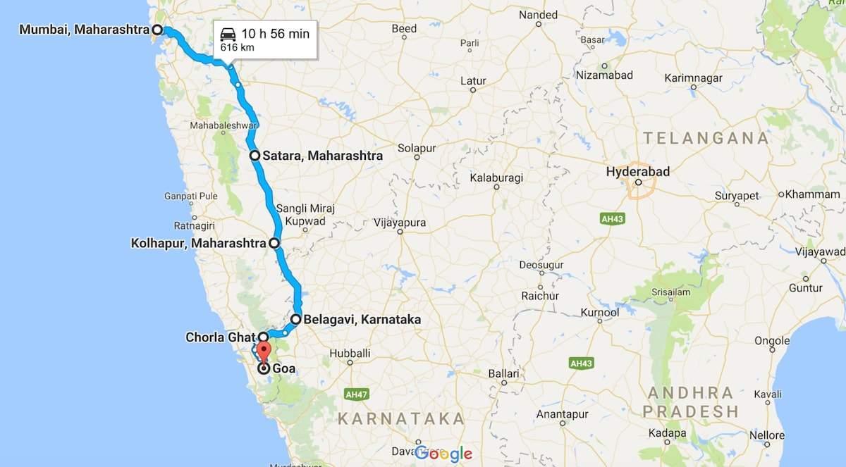 بمبئی به گوا نقشه راه